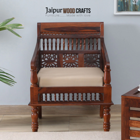Aramika Sheesham Wood 1 Seater Sofa In Honey Oak Finish